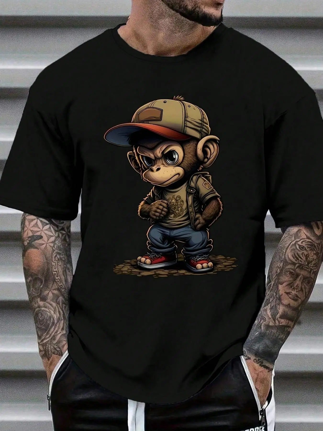 Men's Cartoon Monkey Print Round Neck Tee, Regular Fit Casual Comfy Streetwear Short Sleeve Crew Neck T-shirt for Summer,...