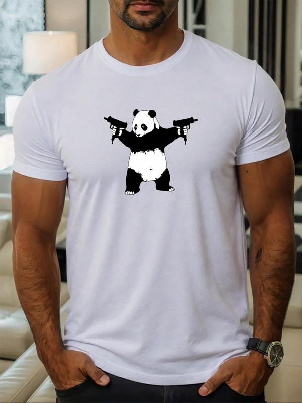 Men's Cartoon Panda & Guns Print Crop Tee, Regular Fit Casual Soft Comfy Short Sleeve Round Neck T-Shirt for Daily Wear,...