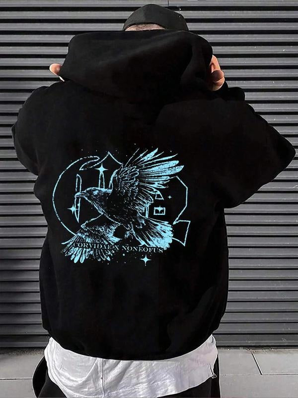 Men's Cartoon Pigeon & Letter Print Thermal Lined Hoodie, Regular Fit Casual Soft Comfy Long Sleeve Hooded Sweatshirt for...
