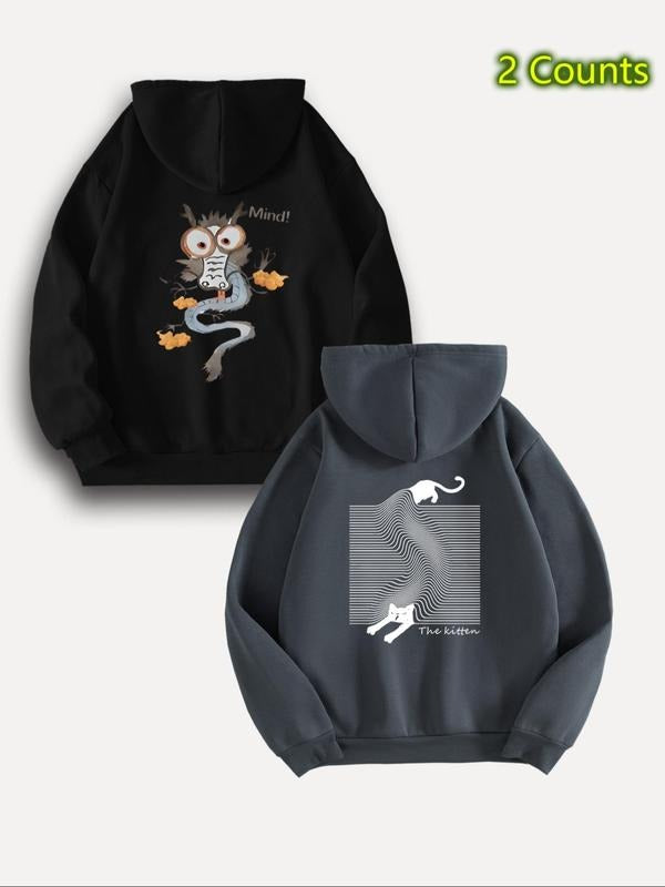 Men's Cartoon Print Hoodie, Casual Regular Fit Long Sleeve Hooded Sweatshirt for Fall & Winter, Men's Top for Daily Wear...