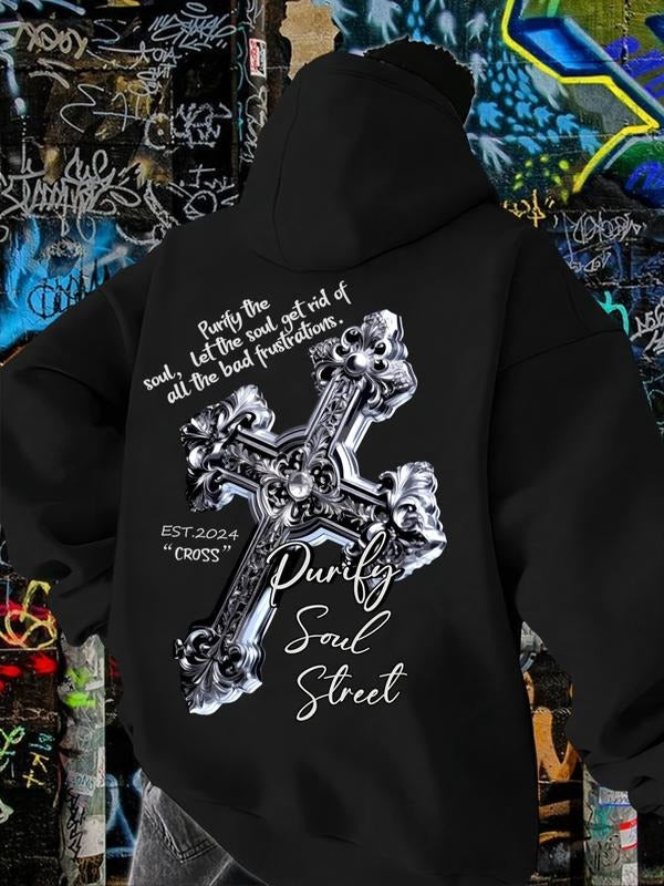 Men's Cartoon Print Hoodie, Fall & Winter Long Sleeve Sweatshirt, Cross Pattern, Casual Commute Wear, Thick Fleece,...