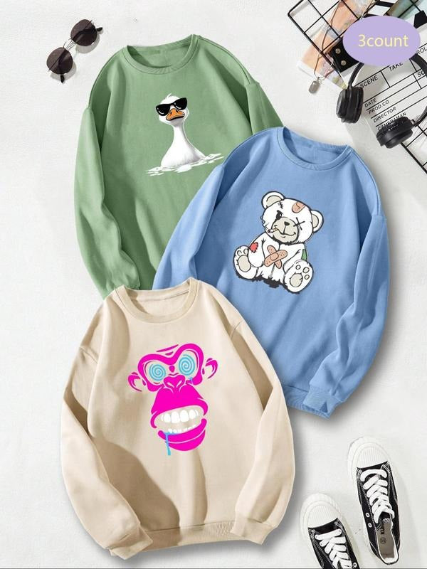 Men's Cartoon Print Round Neck Sweatshirt, Regular Fit Casual Long Sleeve Pullover for Fall & Winter, Men's Clothes for...
