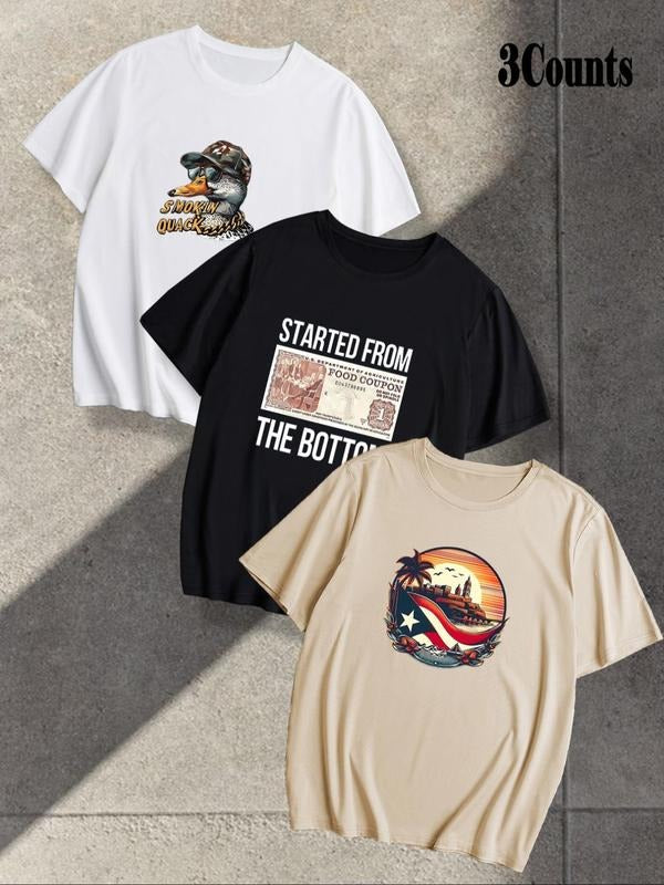 Men's Cartoon Print Short Sleeve Graphic Tee, Loose Casual Letter Graphic Round Neck T-shirt for All Seasons, Men's Top...