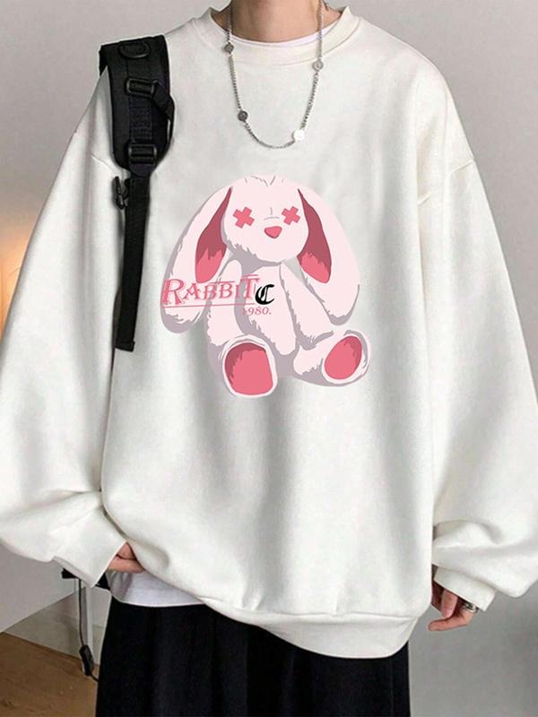 Men's Cartoon Rabbit & Letter Print Drop Shoulder Sweatshirt, Regular Fit Street Comfy Long Sleeve Crew Neck Pullover for...