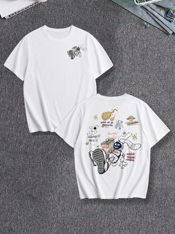 Men's Cartoon Rabbit Astronaut & Letter Print Drop Shoulder Tee, Loose Casual Street Soft Comfy Round Neck Half Sleeve...