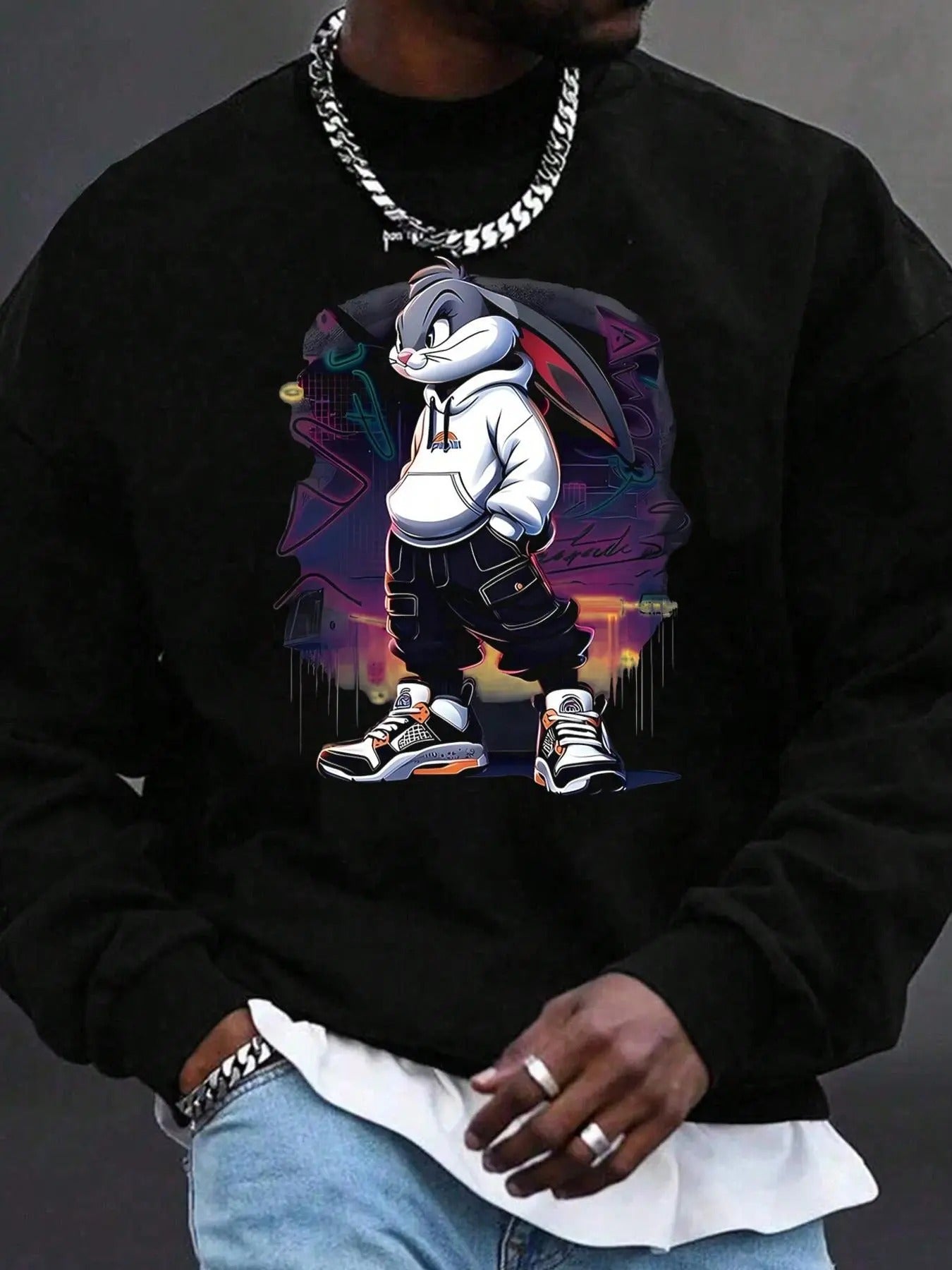 Men's Cartoon Rabbit Print Drop Shoulder Sweatshirt, Regular Fit Casual Long Sleeve Round Neck Pullover for Fall &...