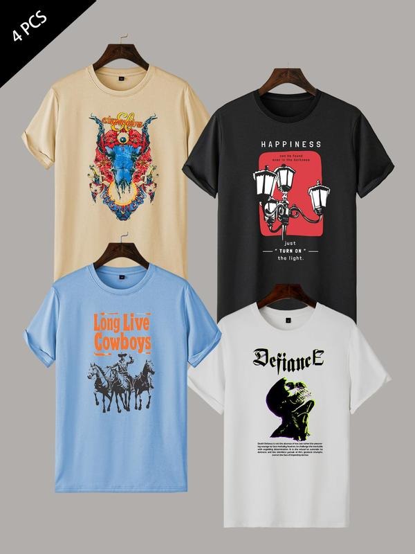 Men's Cartoon Skull & Letter Print Round Neck Tee, Regular Fit Casual Short Sleeve T-shirt for Summer, Men's Top for...