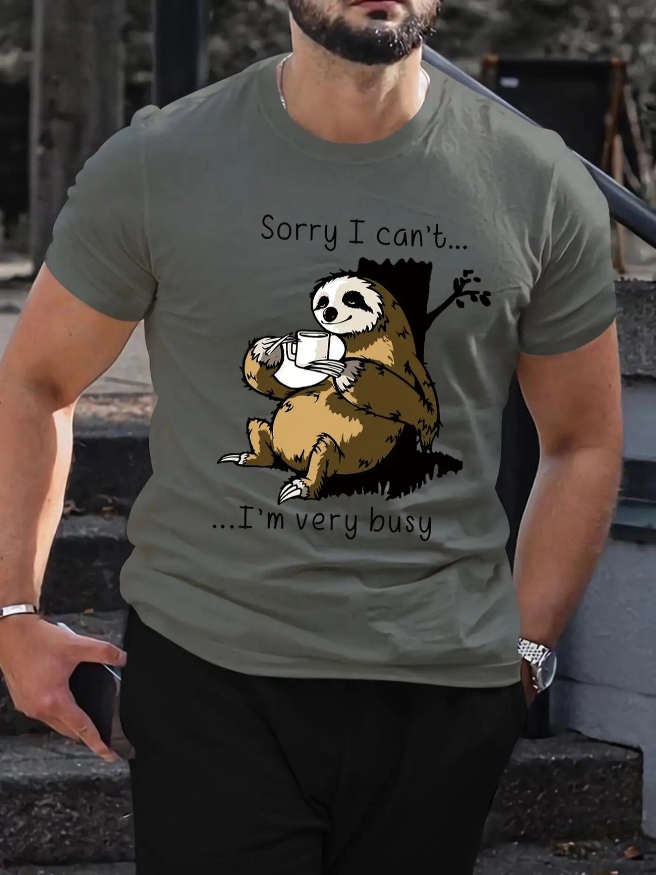 Men's Cartoon Sloth & Letter Print Round Neck Tee, Summer Clothes, Regular Fit Fashion Casual Short Sleeve T-shirt for...