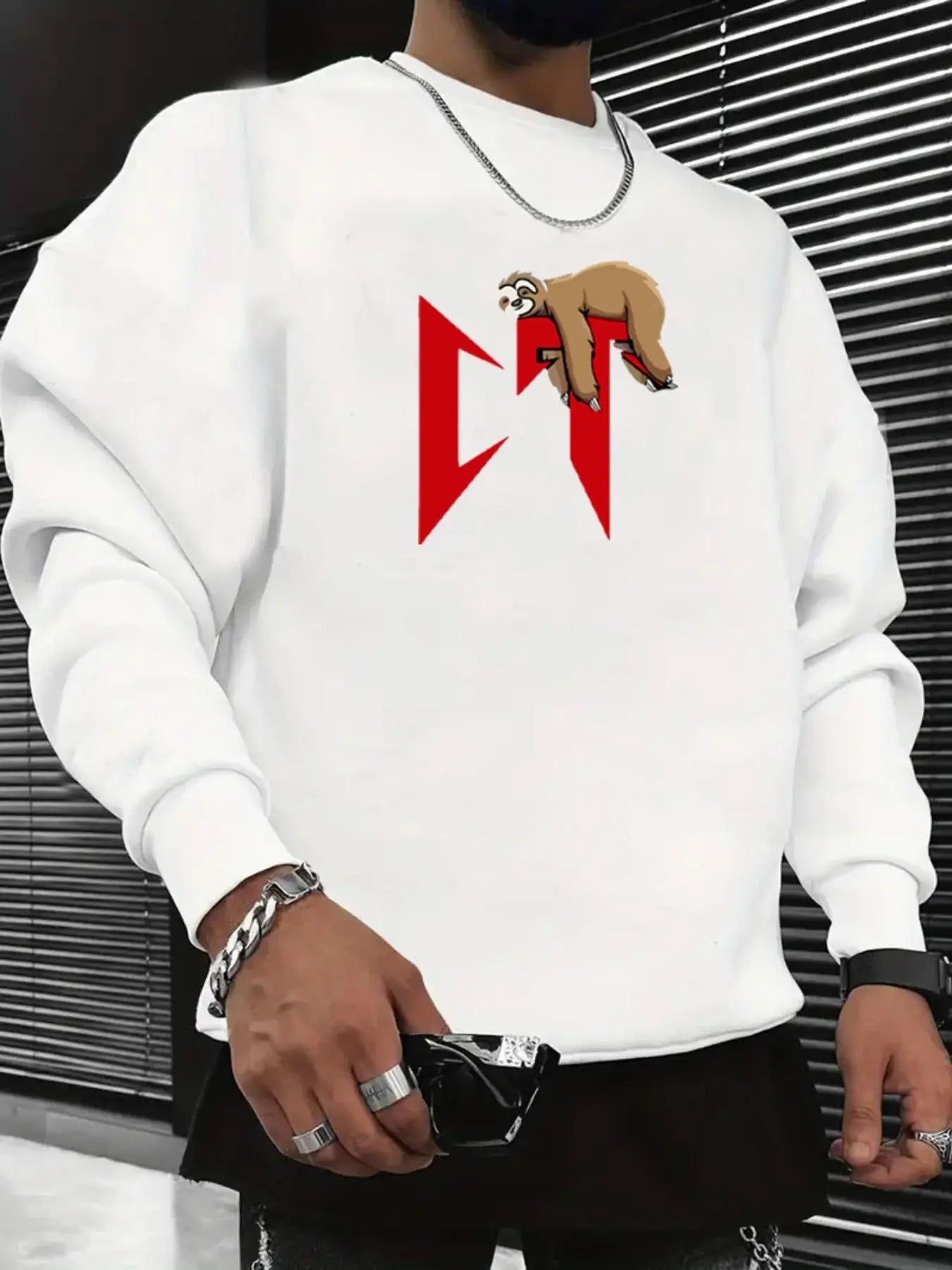 Men's Cartoon Sloth Print Round Neck Sweatshirt, Regular Fit Casual Fashion Long Sleeve Pullover for Fall & Winter, Men's...