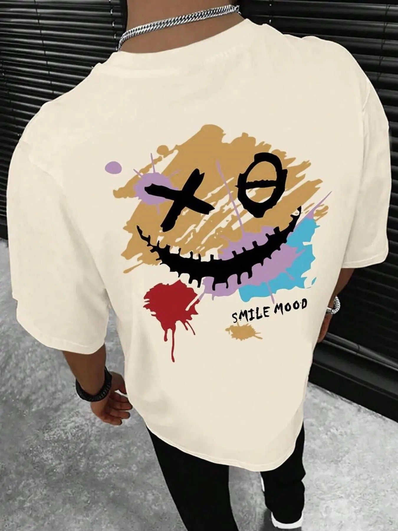 Men's Cartoon Smile Face & Letter Print Drop Shoulder Tee, Regular Fit Casual Comfy Short Sleeve Round Neck T-Shirt for...