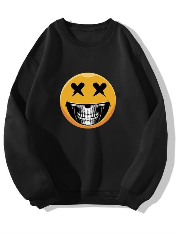 Men's Cartoon Smile Face Print Drop Shoulder Sweatshirt, Regular Fit Casual Soft Comfy Long Sleeve Round Neck Pullover...