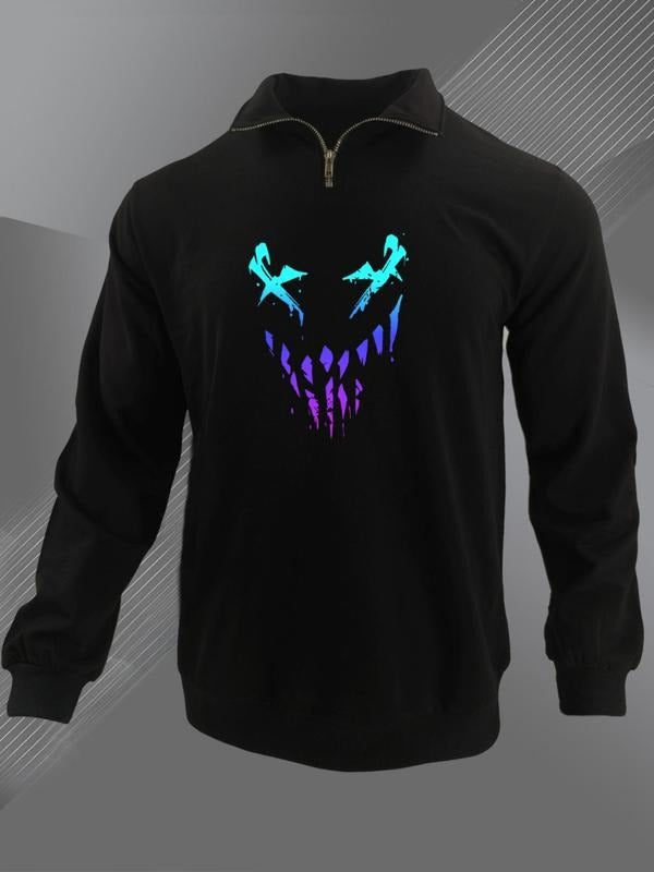 Men's Cartoon Smile Face Print Half Zip Sweatshirt, Regular Fit Casual Long Sleeve Stand Collar Pullover for Daily Wear,...