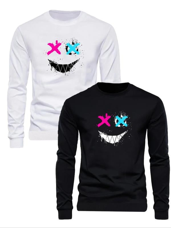 Men's Cartoon Smile Face Print Long Sleeve Sweatshirt, Regular Fit Casual Round Neck Pullover for Fall & Winter, Men's...