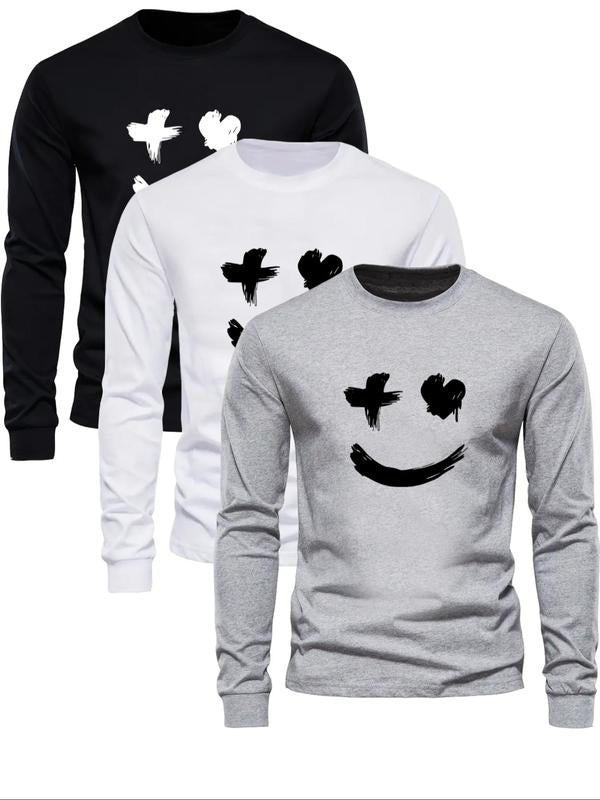 Men's Cartoon Smile Face Print Round Neck Sweatshirt, Regular Fit Casual Long Sleeve Crew Neck Pullover for Fall &...