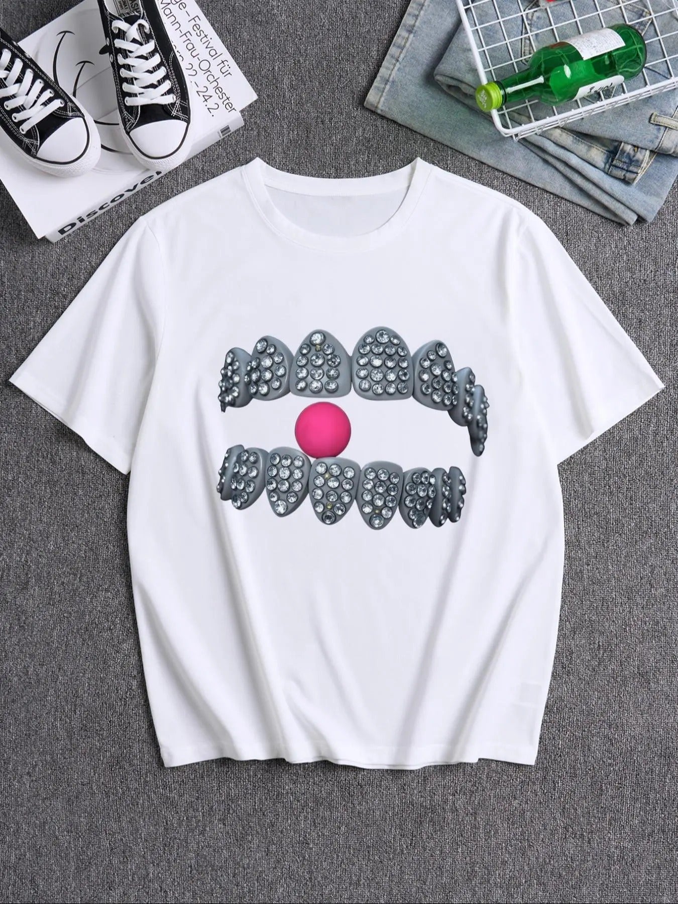 Men's Cartoon Tooth Print Round Neck Tee, Casual Street Short Sleeve T-Shirt for Daily Wear, Men's Top for All Seasons...