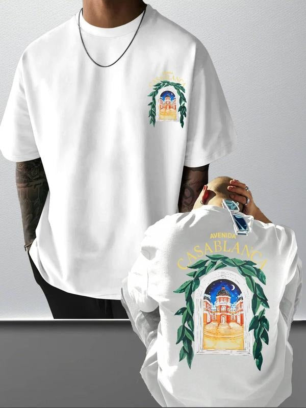 Men's Casablanca Print Round Neck Tee, Regular Fit Casual Short Sleeve T-shirt, Men's Summer Top for Daily Wear, Graphic...