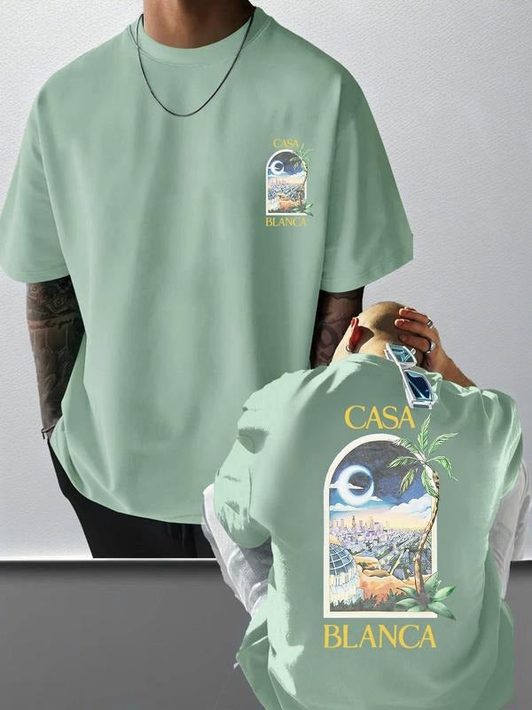 Men's Casablanca Print Round Neck Tee, Regular Fit Casual Short Sleeve T-shirt, Men's Summer Top for Daily Wear, Tropical...