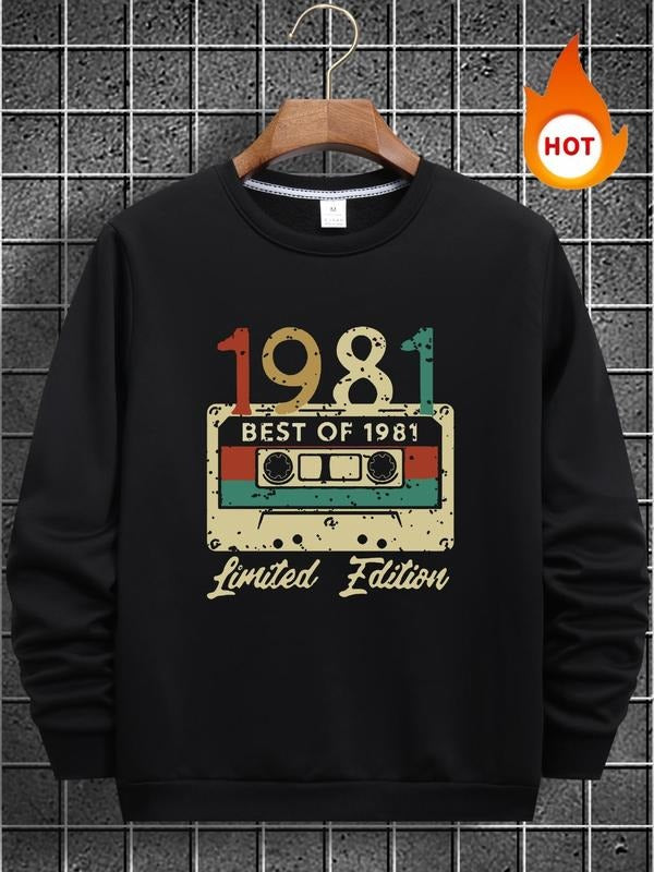 Men's Cassette Tape & Figure Print Polar Fleece Lined  Sweatshirt, Regular Fit Casual Soft Comfy Long Sleeve Round Neck...