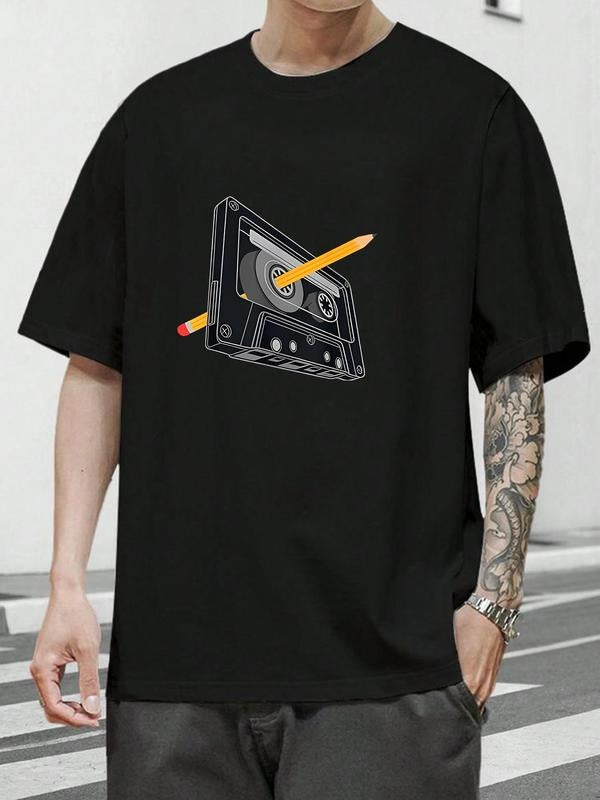 Men's Cassette Tape & Pencil Print Round Neck Tee, Loose Casual Short Sleeve T-shirt for Summer, Men's Top for Daily Wear...