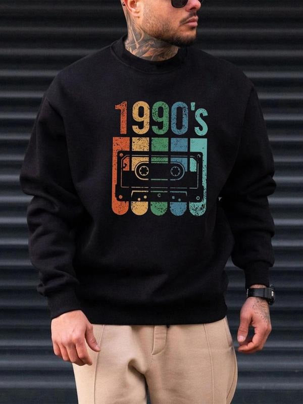 Men's Cassette Tape Print Round Neck Sweatshirt, Regular Fit Casual Fashion Long Sleeve Pullover for Fall & Winter, Men's...