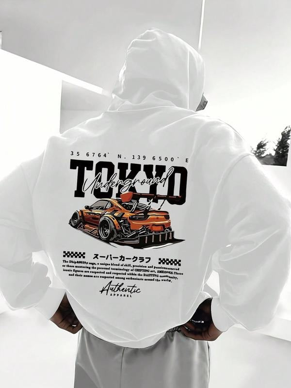 Men's Casual Car Logo Print Hoodie, Fall & Winter Street Style, Comfortable Fitted Graphic Sweatshirt, Trendy Fashion for...