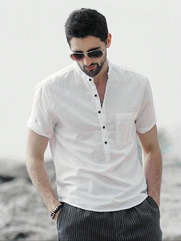 Men's Casual Comfortable Fitted Shirt, Henry Neck Short Sleeve Summer Top, Woven Fabric, Perfect for Vacation & Beach...