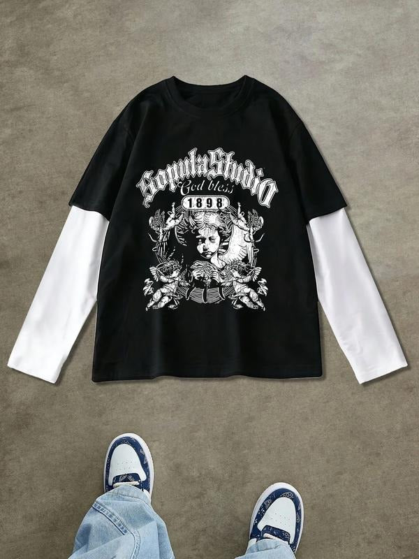 Men's Casual Crew Neck Fake Two-Piece Long Sleeve T-Shirt, Unique Letter Print Design, Fashionable Fall Essential,...