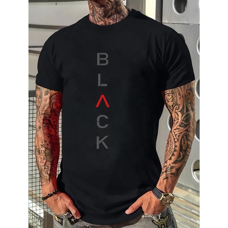 [Men's Casual Crew Neck Tops] Men's BLACK Letter Print Short Sleeve T-Shirts, Comfy Casual Elastic Crew Neck Tops For...