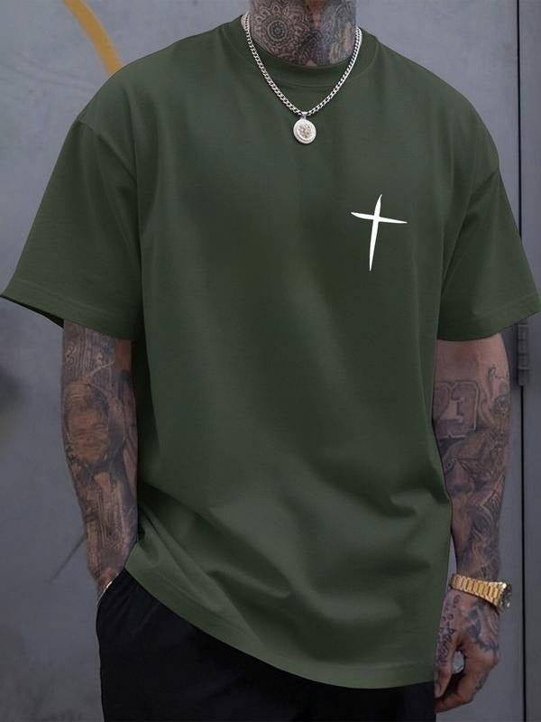 Men's Casual Geometric Print Short Sleeve T-Shirt, Cross Pattern, Fitted Design, All Seasons Wear, Trendy Fashion Hoodie,...