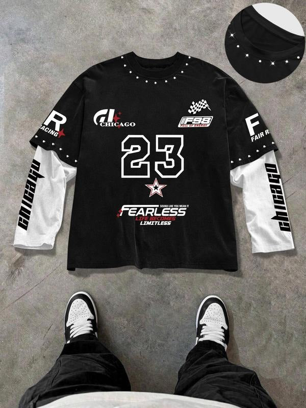 Men's Casual Graphic Tee Shirt, Rivet Embellished Design, Racing Print Fashion Top, Regular Fit Long Sleeve, All Season...