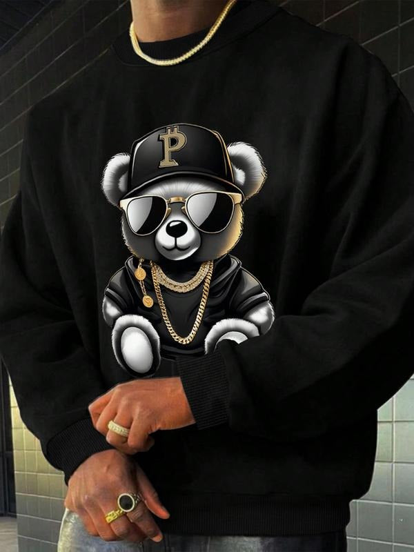Men's Casual Hooded Sweatshirt with Cartoon Bear Print, Round Neck Long Sleeve Pullover, Fall & Winter Street Style,...