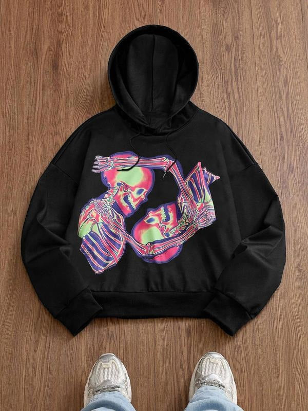 Men's Casual Hooded Sweatshirt with Graphic Skull Print, Loose Fit, Street Style, Fall & Winter Fashion, Comfortable...