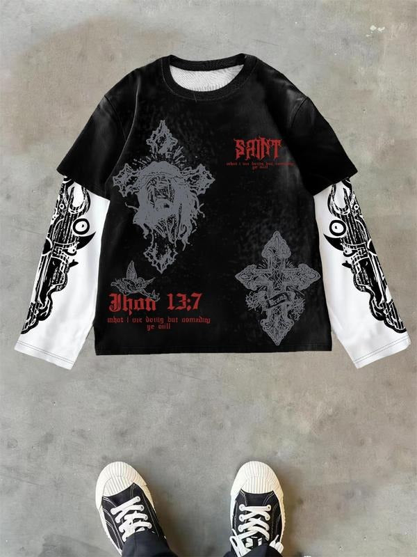Men's Casual Long Sleeve Round Neck T-Shirt, Unique Pattern Design, Fall Fashion, Regular Fit, Break Monotonous, Stylish...