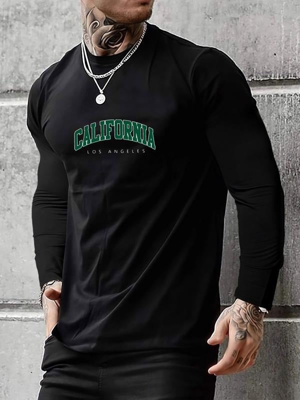 Men's Casual Long Sleeve T-Shirt with California Letter Print, Fashionable Tee for Outdoor Wear, Perfect Gift for Husband...