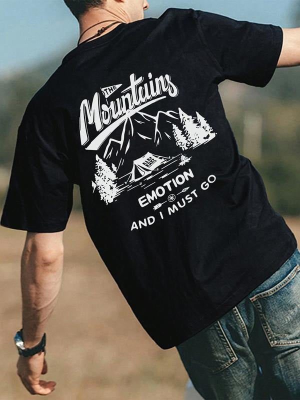 Men's Casual Loose Fit Mountain Design T-Shirt, Perfect for Hiking Travel Camping, Summer Daily Wear, Versatile Style...