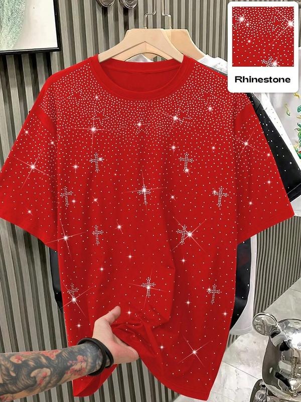 Men's Casual Loose Fit Short Sleeve T-Shirt, Rhinestone Design, Street Style, Fashionable Outdoor Sports Campus Wear...
