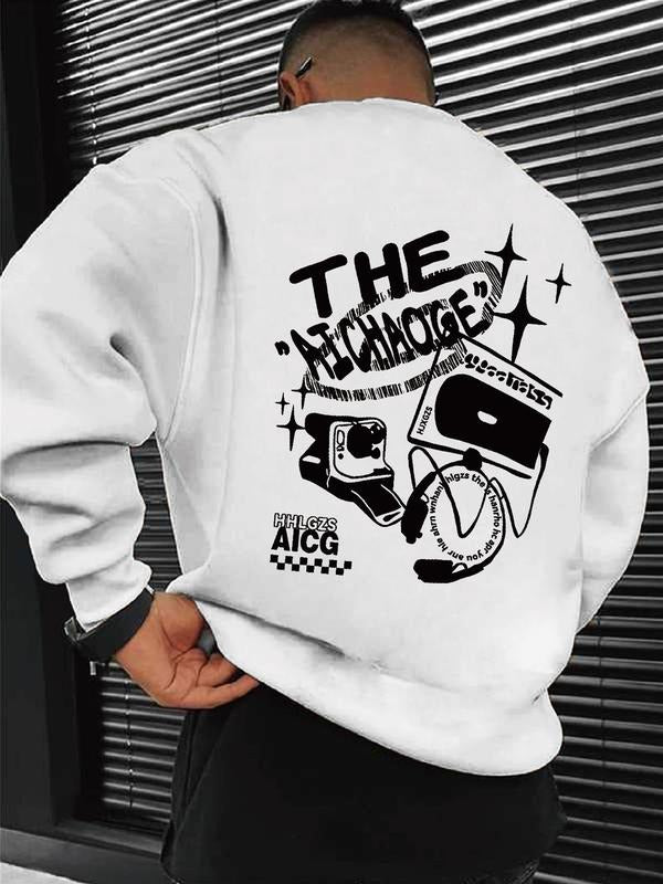 Men's Casual Loose Graphic Sweatshirt, Fitted Round Neck Long Sleeve Top, Fall & Winter Fashion, Comfortable Sportswear...