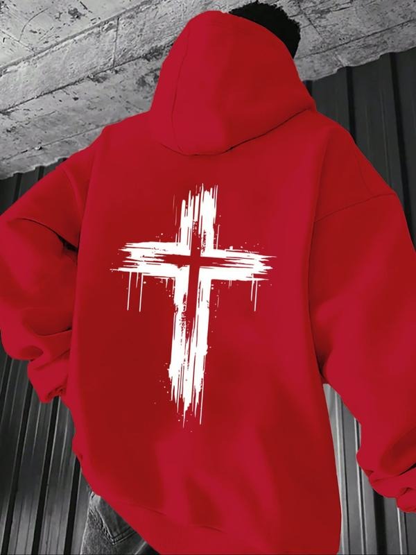 Men's Casual Loose Hooded Sweatshirt with Cross Print, Fleece Lined Pullover for Fall & Winter, Comfortable and Stylish...