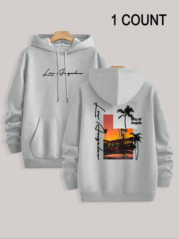 Men's Casual Loose Hooded Sweatshirt with Letter Coconut Tree Print, Fleece Lined Pullover for Fall & Winter, Comfortable...