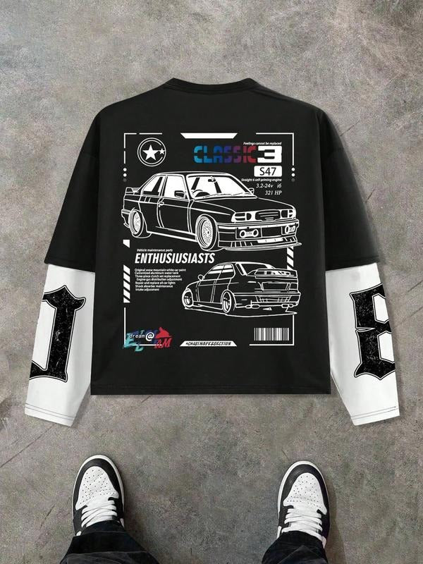 Men's Casual Loose Long Sleeve Sweatshirt, Car & Letter Print, Fitted Thicken Fabric, Fall Winter Spring Fashion, Daily...