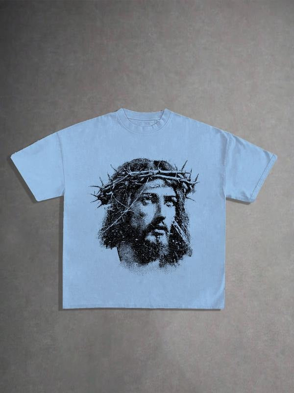 Men's Casual Short Sleeve T-Shirt with Trendy Jesus Print Design, Fashionable Comfortable Soft Fabric for Daily Wear &...