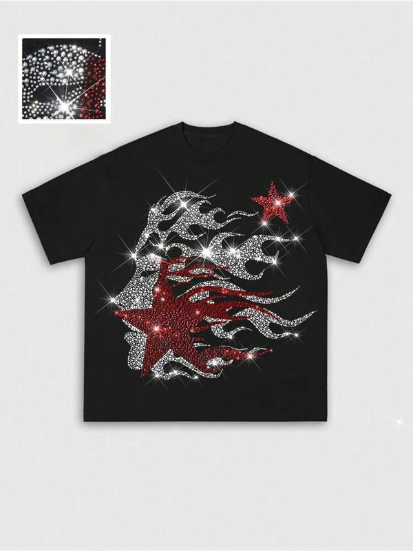 Men's Casual Short Sleeve T-Shirt, Rhinestone Flame & Stars Design, Shiny Glitter, Street Style, Perfect for Layering...