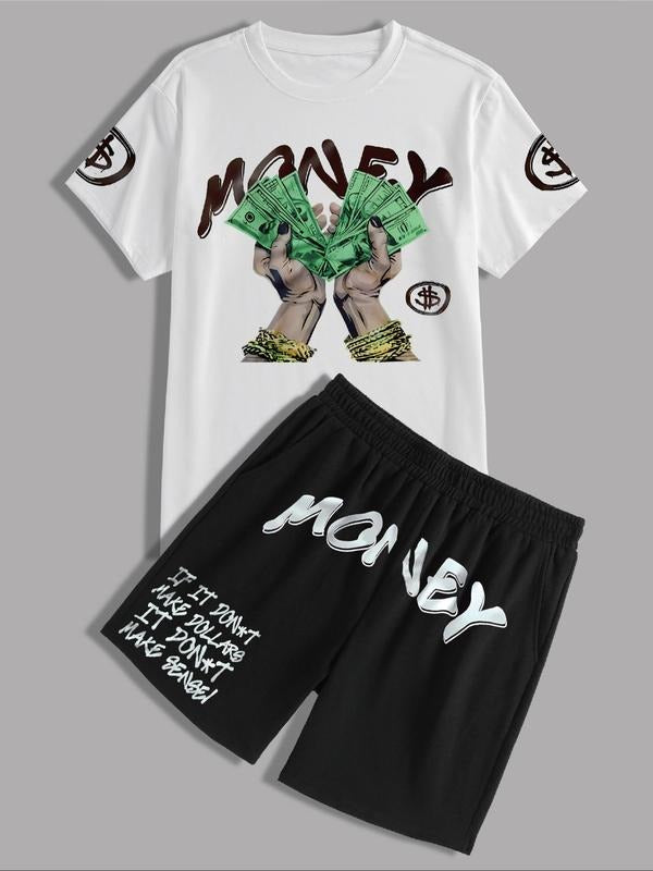 Men's Casual Street Style Short Sleeve T-Shirt Set, Summer Fitted Kint Fabric, Moderate Thick, Printed Money Design...