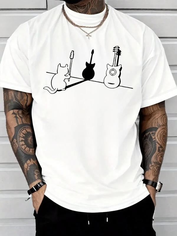 Men's Casual T-Shirt, Cute Cat and Guitar Graphic Print, Fitted Short Sleeve, Geometric Pattern, Streetwear Style, All...