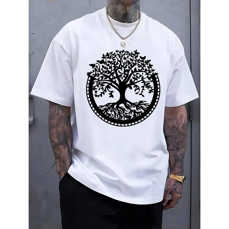 Men's Casual Tree Of Life Graphic Print T-Shirt, Round Neck Short Sleeve Tee With Black Circular Design, Lightweight...