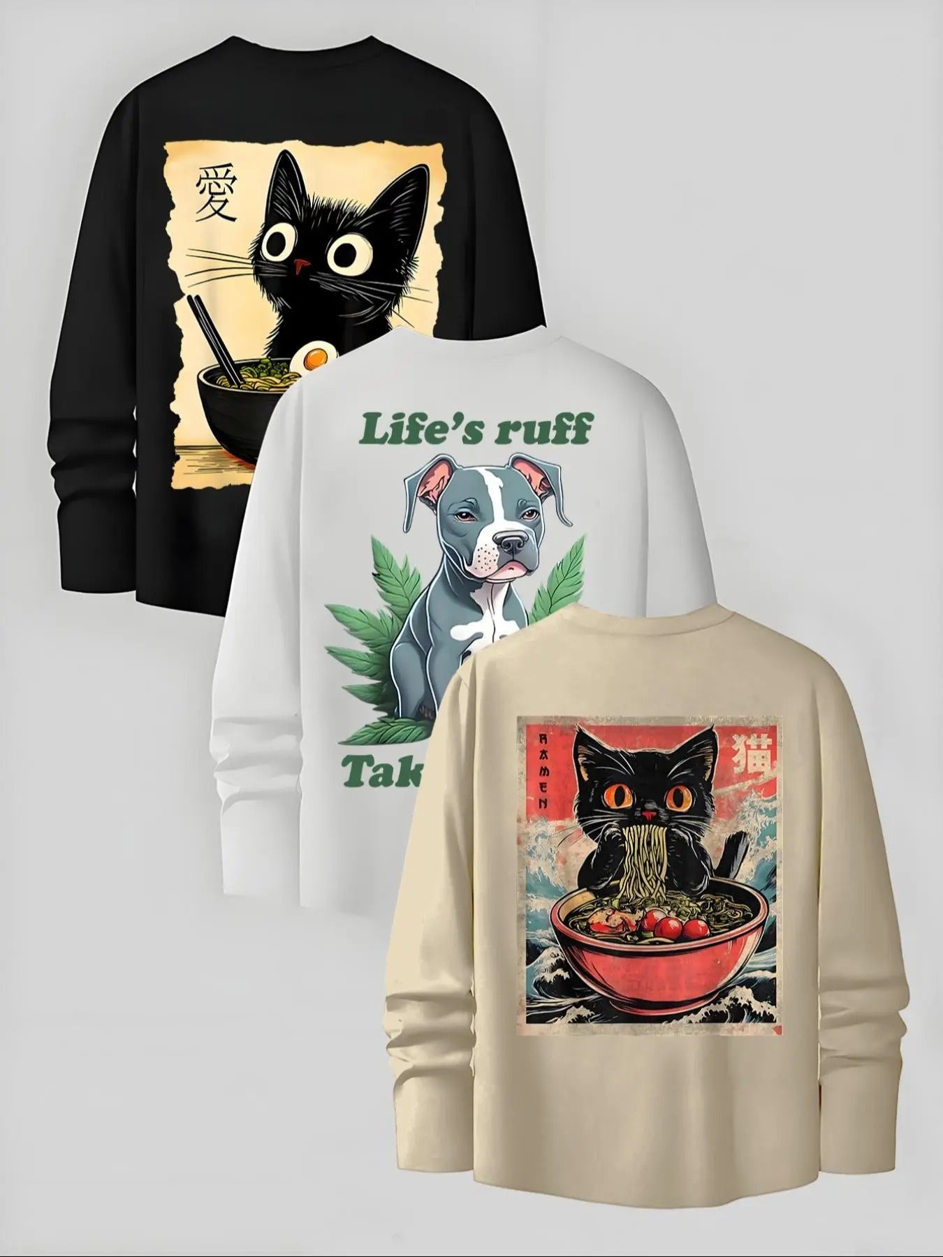 Men's Cat & Dog Print Long Sleeve Tee, Regular Fit Casual Round Neck Graphic T-shirt for Fall, Men's Top for Daily Wear...