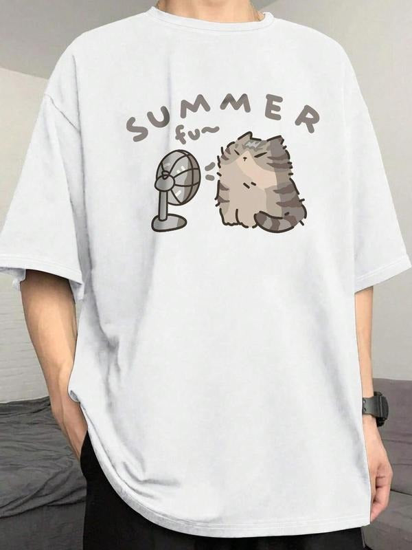 Men's Cat & Fan Print Round Neck Tee, Regular Fit Casual Short Sleeve Crew Neck T-Shirt for Summer, Fashion Men's Top for...