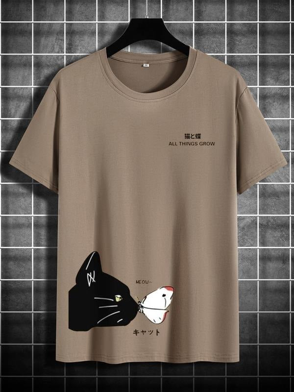 Men's Cat & Letter Print Round Neck Graphic Tee, Regular Fit Casual Short Sleeve T-shirt for Summer, Men's Top for Daily...