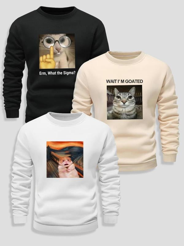 Men's Cat & Letter Print Round Neck Sweatshirt, Regular Fit Casual Long Sleeve Crew Neck Pullover for Fall & Winter,...