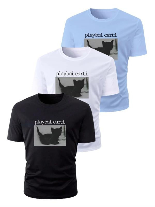 Men's Cat & Letter Print Round Neck Tee, Regular Fit Casual Comfy Short Sleeve Crew Neck T-shirt for Summer, Men's...